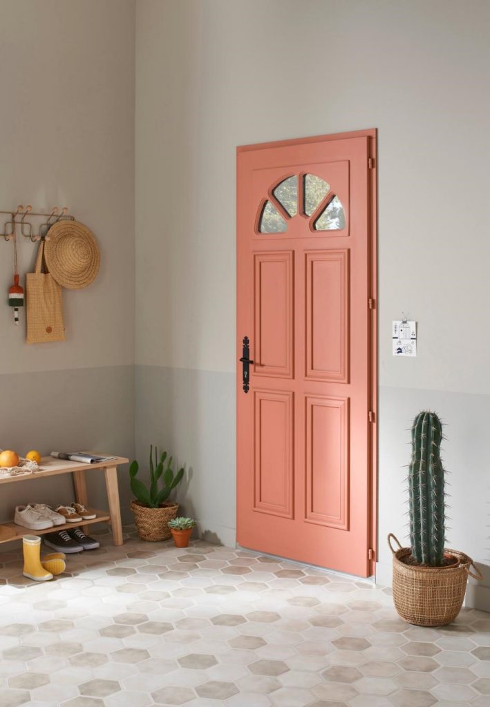 Porte d'entrée en bois rose vue de l'intérieur avec un coin chaussures et porte-vêtements et un cactus