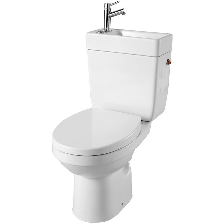 Grâce au WC avec lave-mains inclus Alliance, vous optimiserez votre espace tout en économisant l'eau. WC avec lave-mains intégré sans brideCaractéristiques du WC avec lave-mains AllianceDe dimensions H.79,5 x L.38 x P.64,5 cm, le WC à poser avec sortie horizontale Alliance est surmonté d'un lave-mains intégré mesurant H.8,5 x L.38 x P.20 cm. Les WC et lave-mains sont tous les deux fabriqués en porcelaine blanche, un matériau particulièrement facile à nettoyer. Le robinet du lave-mains est en laiton et possède une finition chromée. Pour un plus grand confort d'utilisation, l'abattant en Duroplast recouvrant est équipé de freins de chute. Peu encombrant et économeIdéal pour les petits espaces, le WC 2-en-1 Alliance est peu encombrant et permet de combiner WC et lave-mains en un seul endroit. Si vos toilettes sont peu spacieuses et que vous rêvez d'un lave-mains, c'est la solution gain de place optimale.En outre, le WC Alliance permet de réaliser des économies d'eau, car l'eau issue de la vasque alimente la cuvette. Son prix reste très abordable pour un produit aussi innovant.Complet et facile à monterLes fixations au sol du pack sont fournies, et le WC est équipé d'une sécurité anti débordement. Le lave-mains dispose quant à lui d'une alimentation en eau froide.Le WC à poser avec sortie horizontale gain de place avec lave-mains intégré Alliance est aussi simple à poser qu'un WC standard.