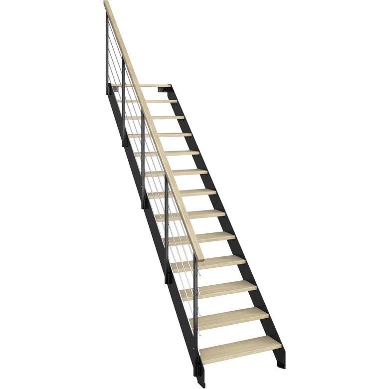 Escalier LOFT Qt bas métal std marches chêne brut rampe cubik tube H.274 D - Lapeyre