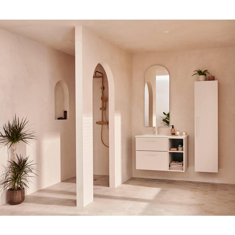 PHOENIX sable 2 tiroirs poignées + niche + plan 1 vasque à gauche l.90 x P.45 cm - Lapeyre