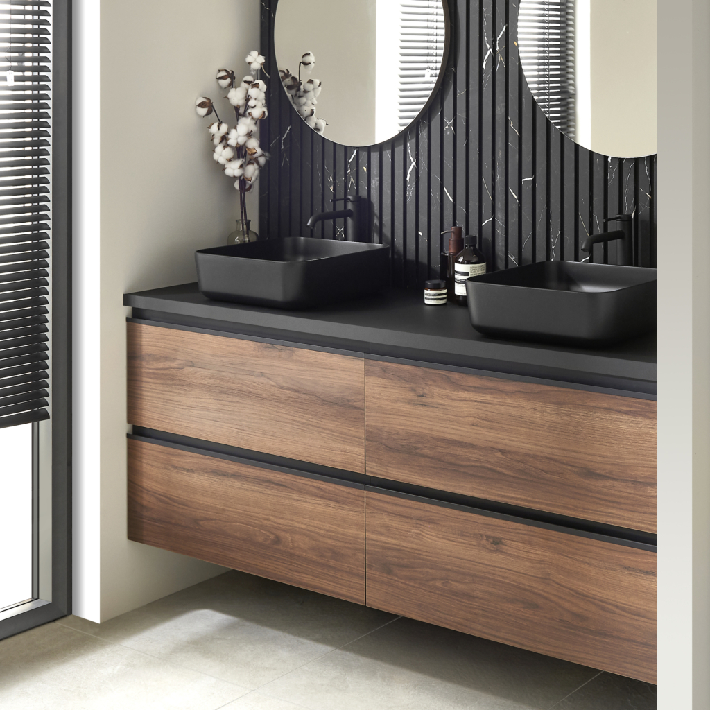  Meuble salle de bains Formeo noyer, Sous-vasque L60, Plan de toilette, vasque à poser résine, Robinetterie, Poignée intgérée, miroir rond, applique (zoom meuble)