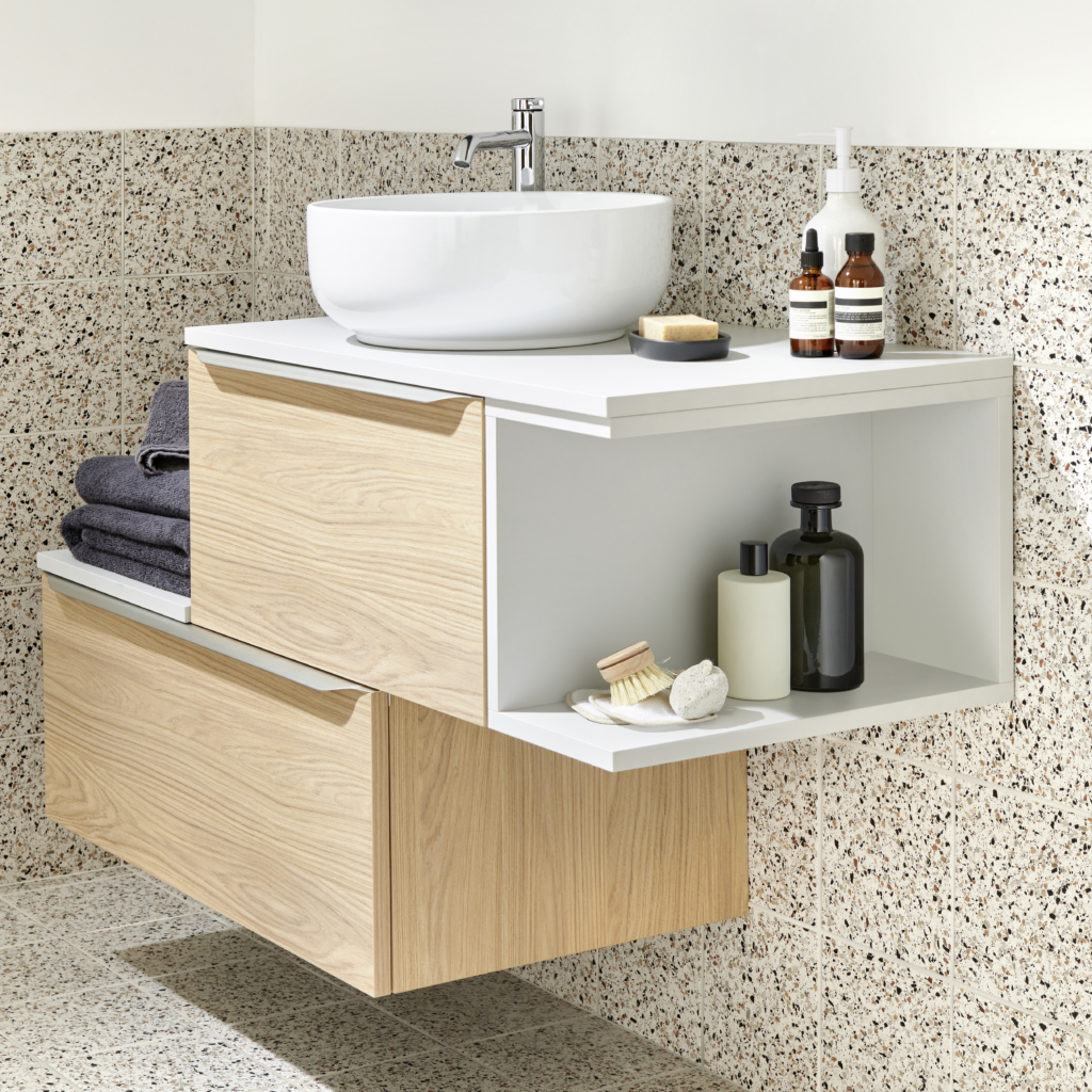 Meuble salle de bains Formeo chêne casella, Sous-vasque L80, Plan de toilette, Vasque à poser céramique, Robinetterie, Poignée, ADT (zoom meuble)