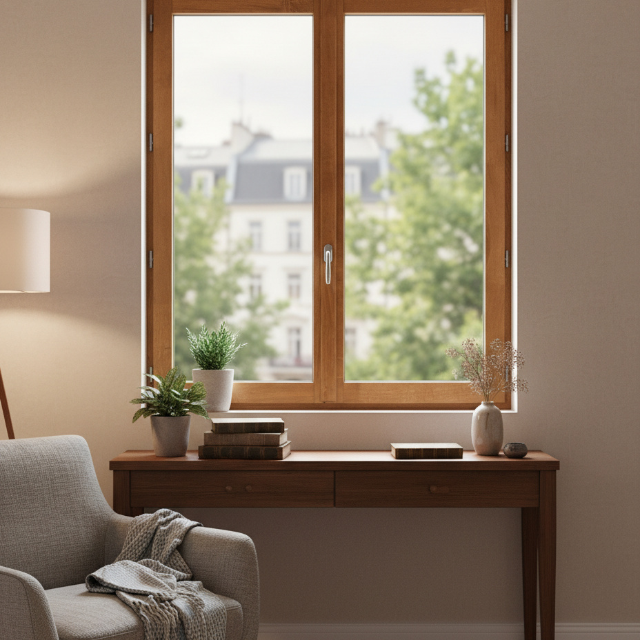 Vue d'une fenêtre en bois de l'intérieur