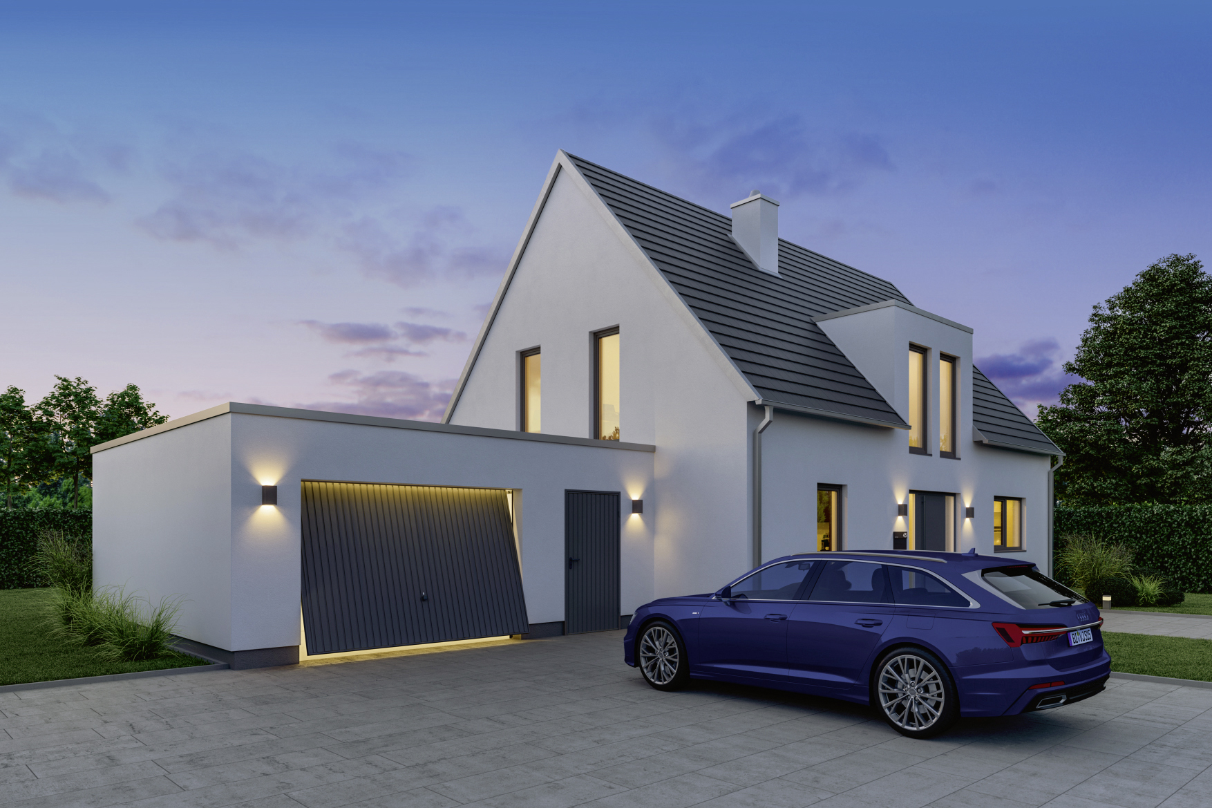 Façade de maison de nuit et porte de garage